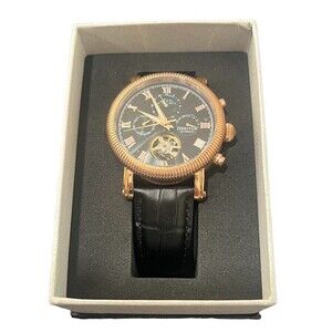 Heritor Automatic Winston Semi-Skeleton Leather-Band Watch - Rose Gold/Black